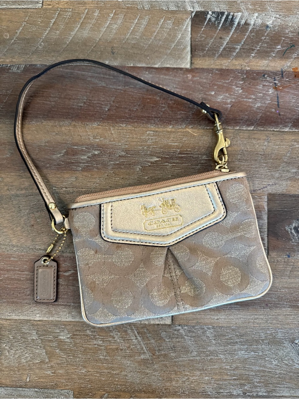 Coach Signature C Metallic Gold Jacquard Wristlet Clutch Y2K